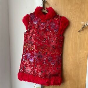 Vibrant Red Brocade Top with Fur Trim